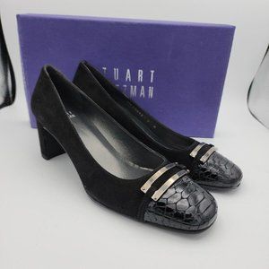 Stuart Weitzman "Joining" BlackSuede Heels w/ Snakeskin Cap Toe Pumps $475 Spain